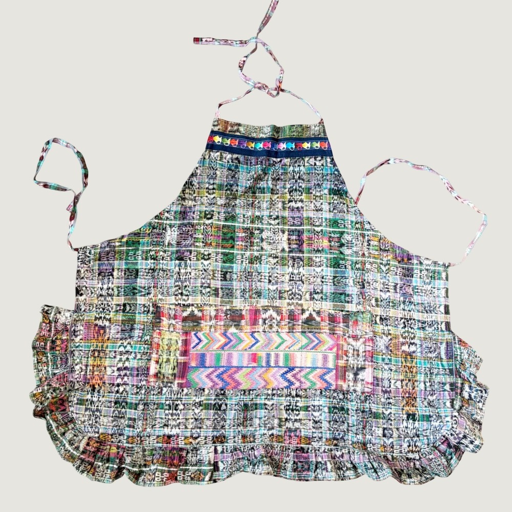 Womens Guatemalen Handmade Multicolor Ikat Embroidered Boho Folk Ruffle Apron OS